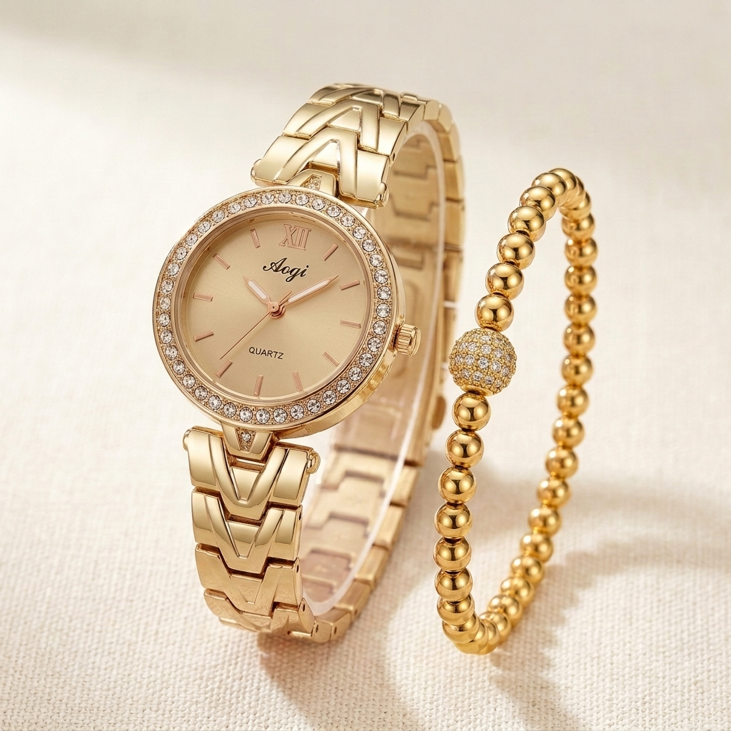 Rose Gold Watch & Ball Bracelet Set