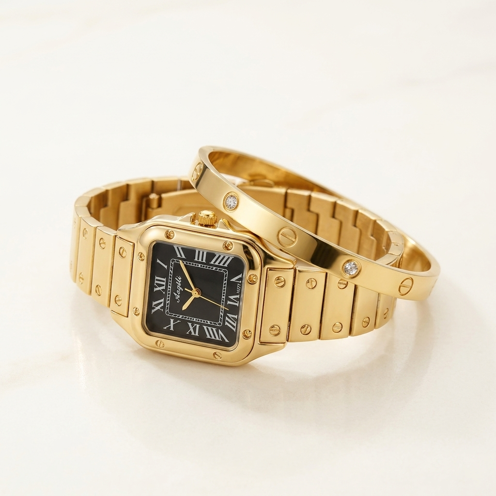 Gold Square Watch & Bracelet Set
