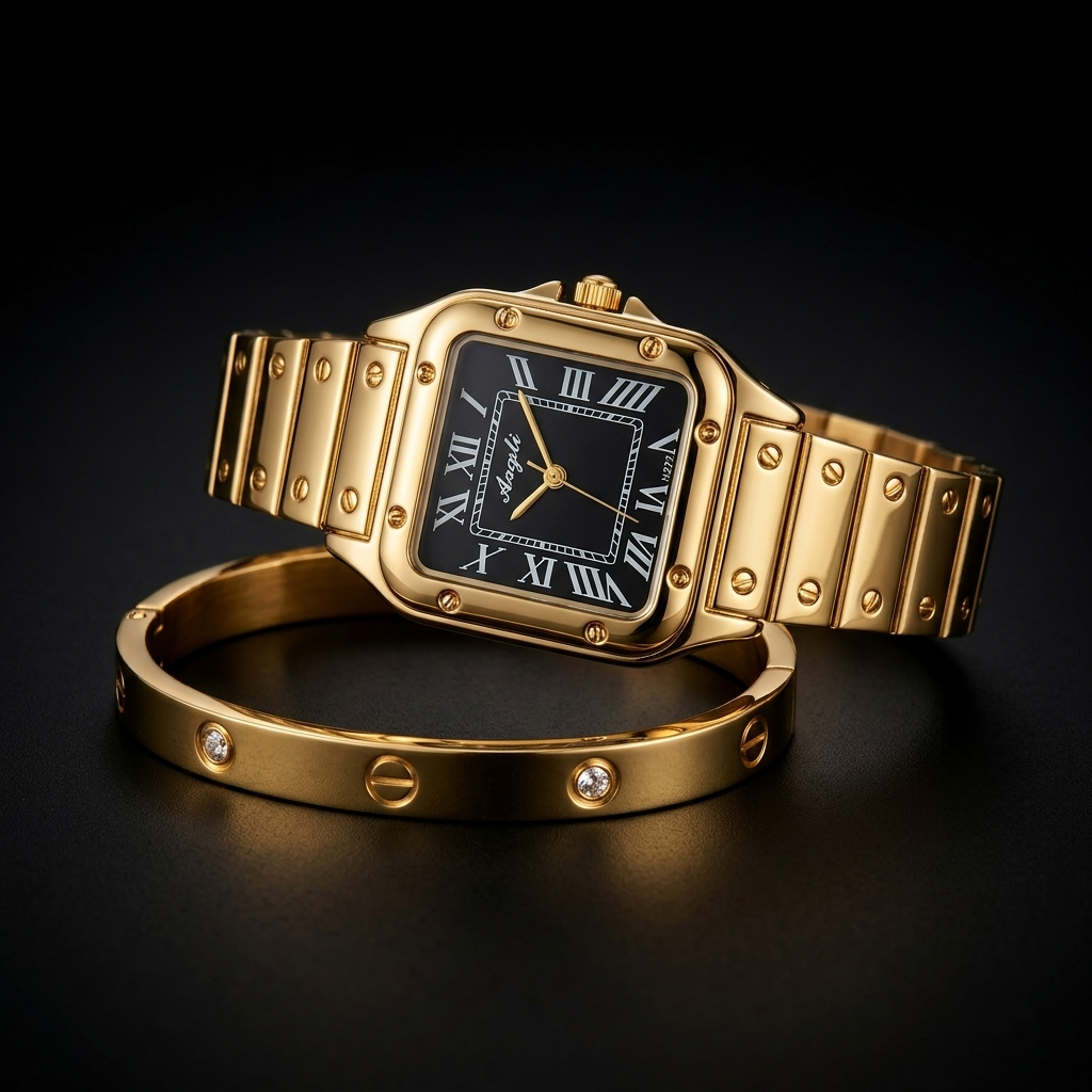 Gold Square Watch & Bracelet Set