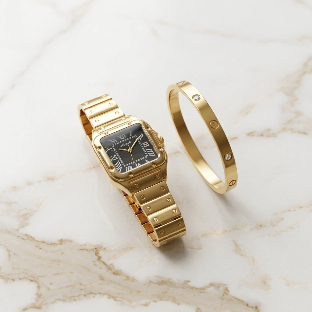 Gold Square Watch & Bracelet Set