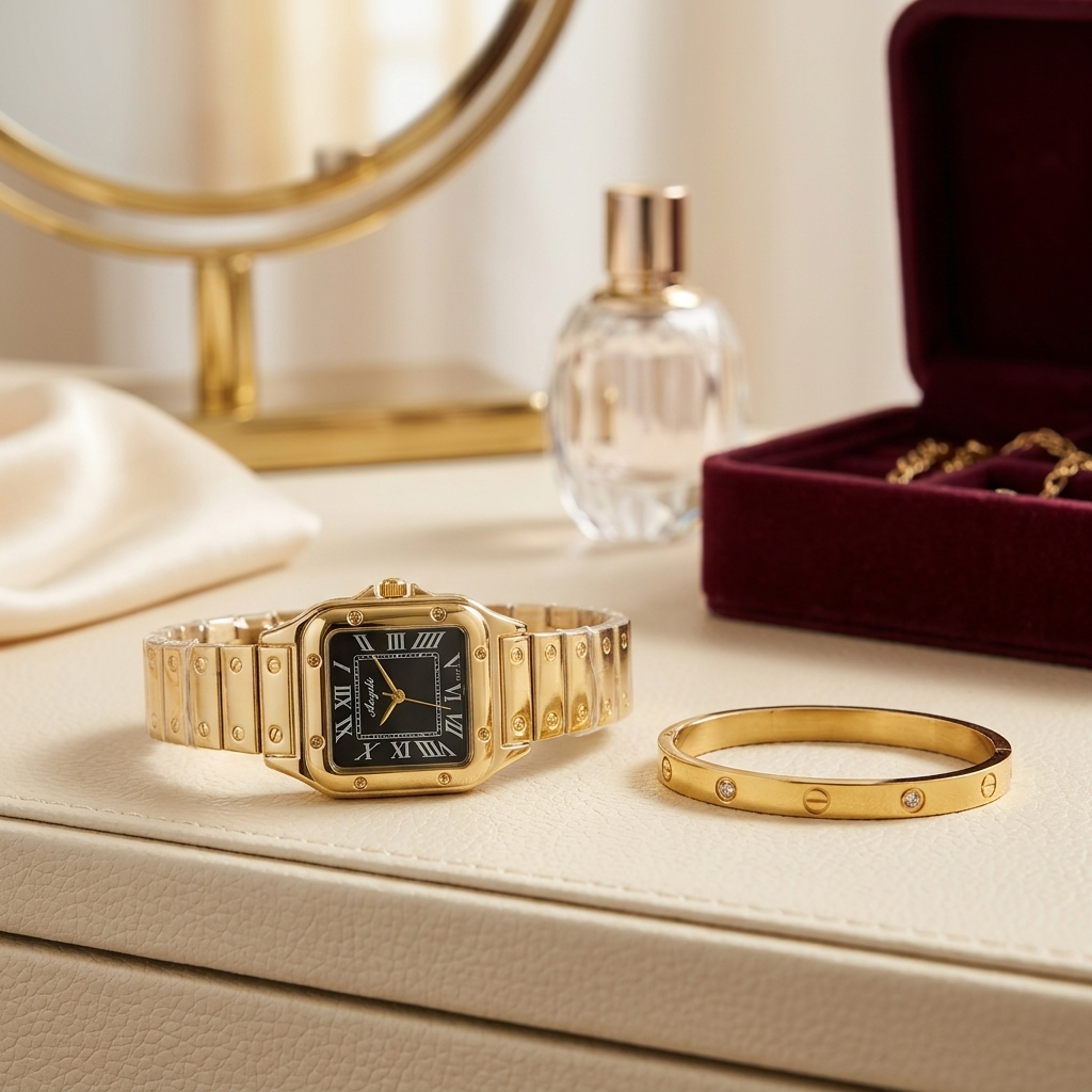Gold Square Watch & Bracelet Set