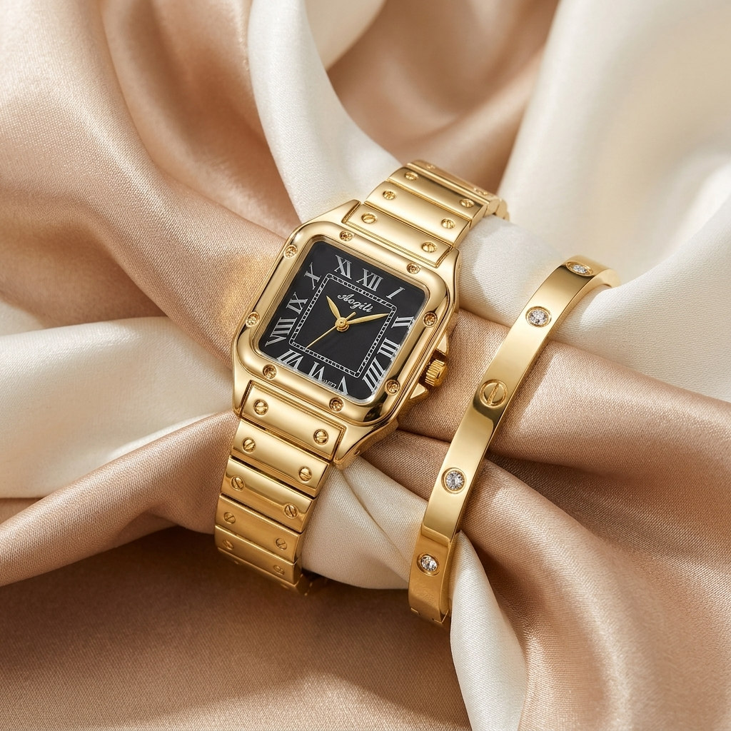 Gold Square Watch & Bracelet Set