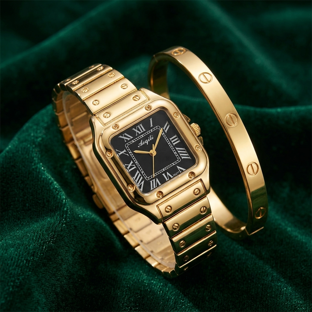 Gold Square Watch & Bracelet Set