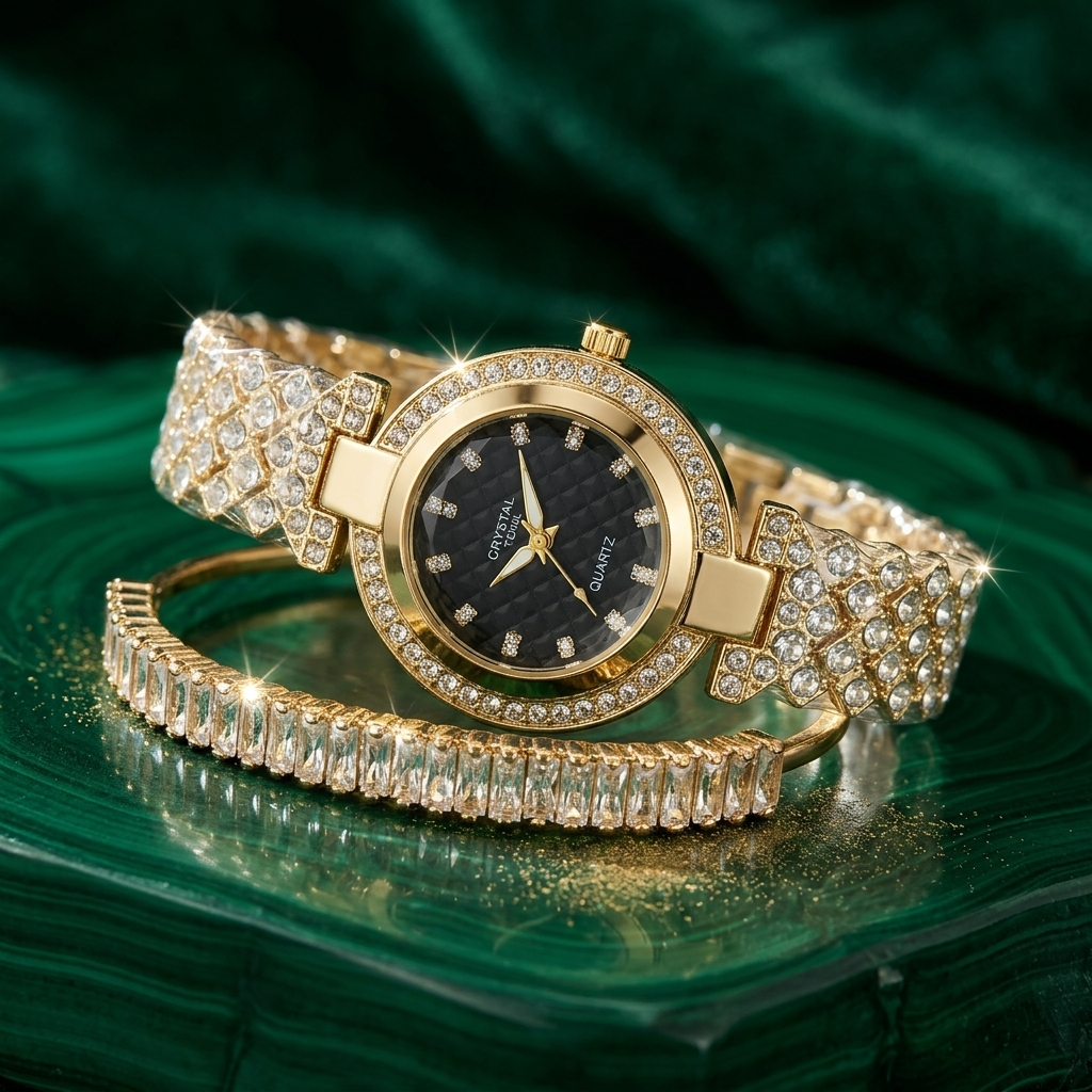 Gold Crystal Watch & Bracelet Set