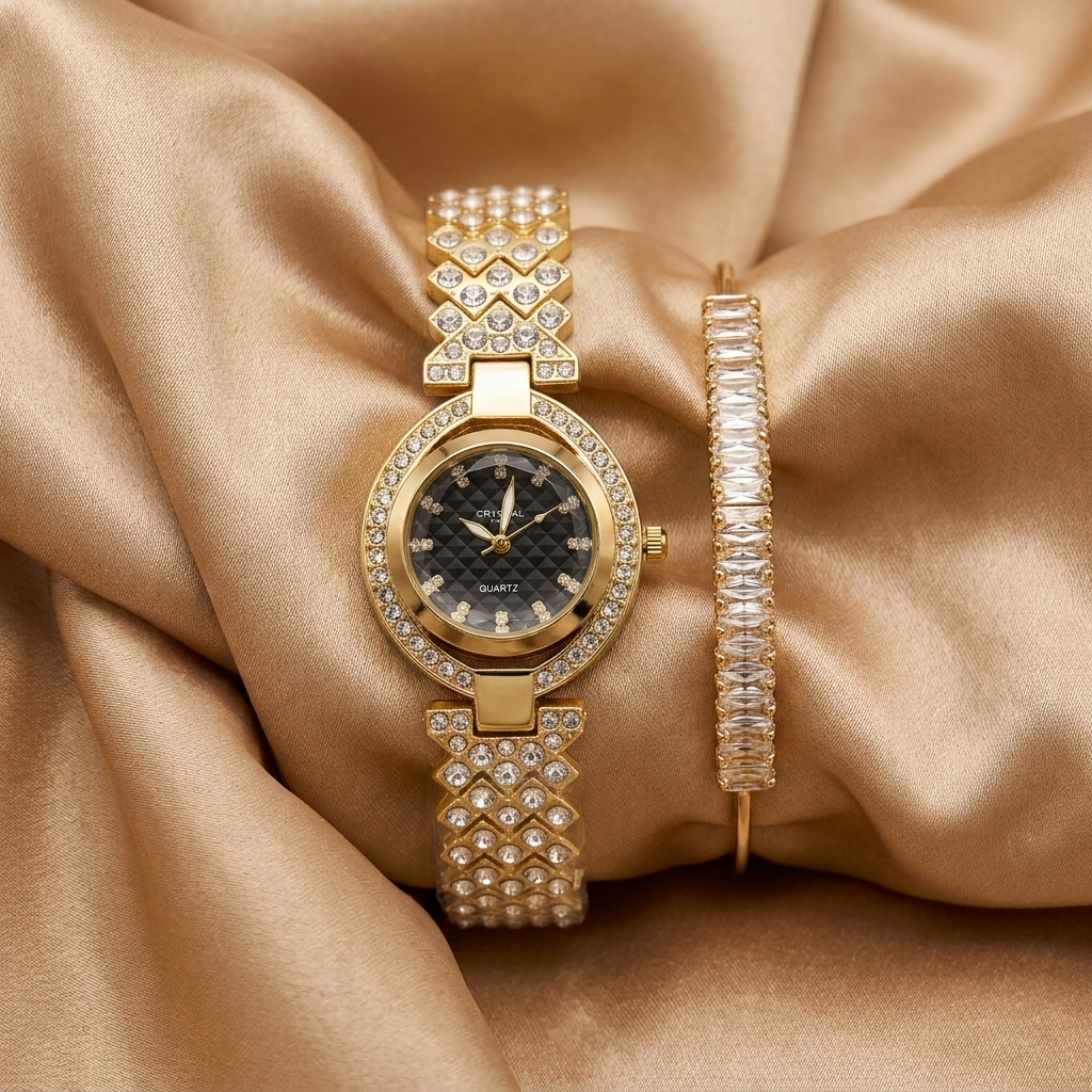 Gold Crystal Watch & Bracelet Set