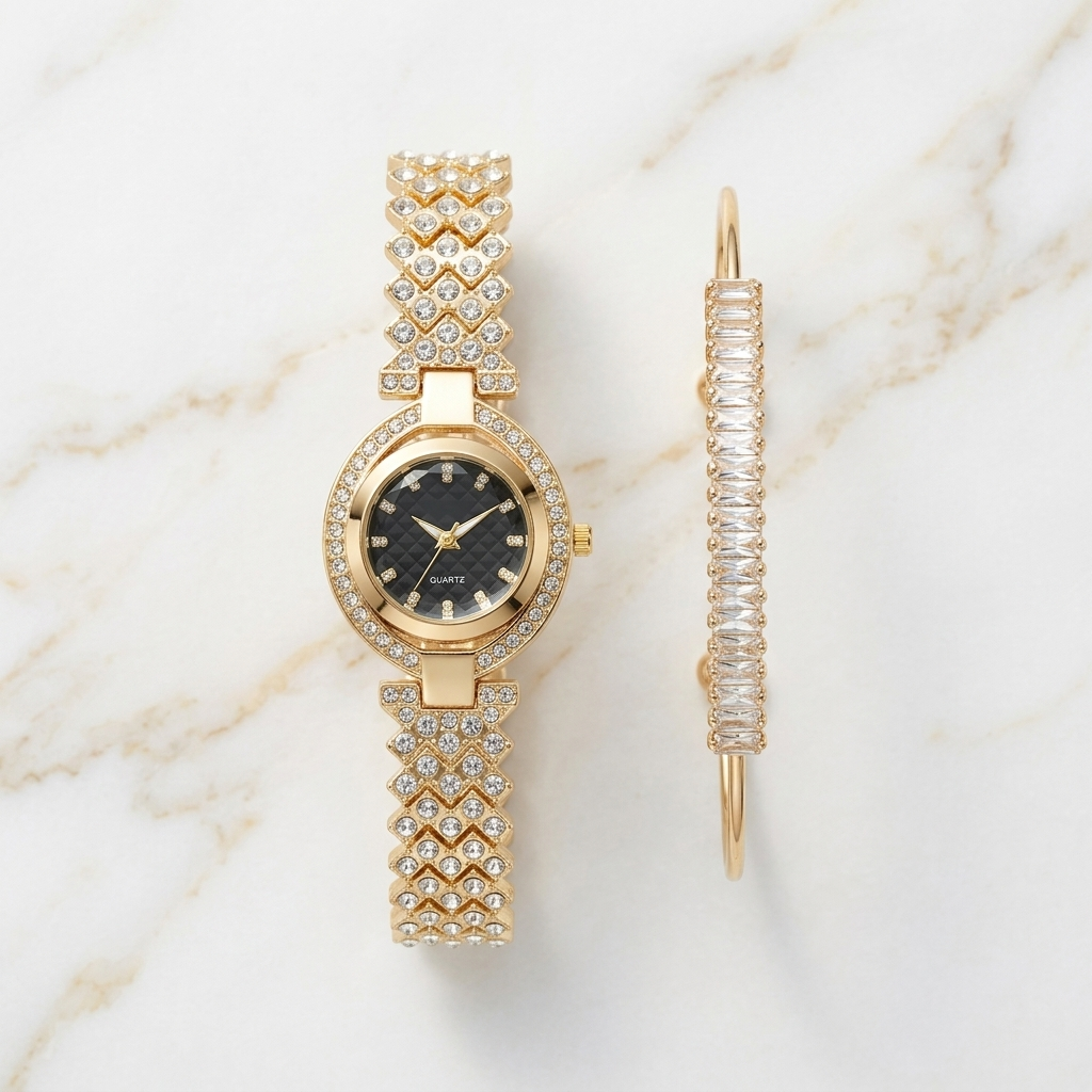 Gold Crystal Watch & Bracelet Set