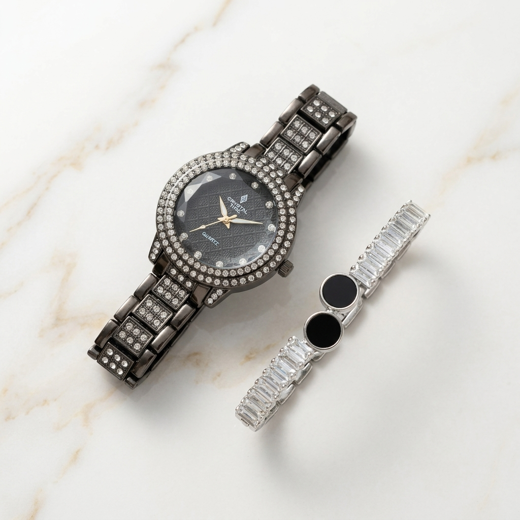 Black Crystal Watch & Bracelet Set