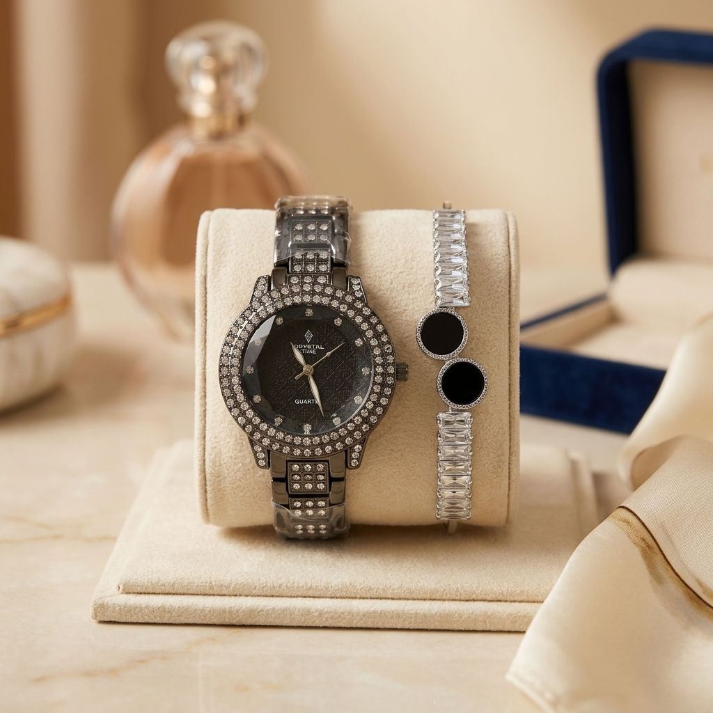 Black Crystal Watch & Bracelet Set
