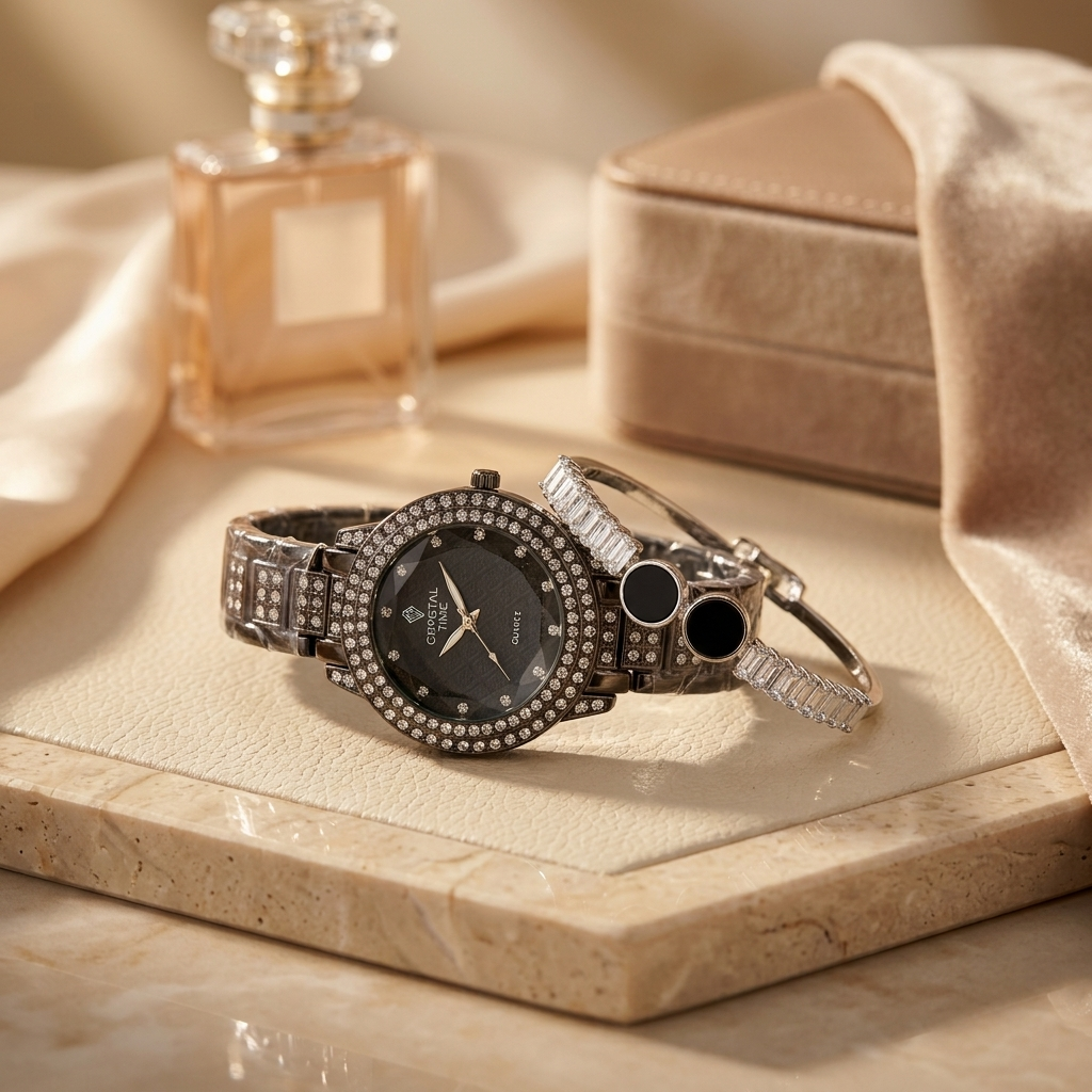 Black Crystal Watch & Bracelet Set