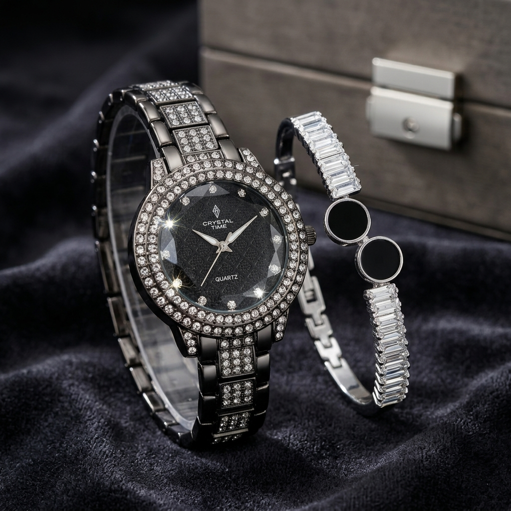 Black Crystal Watch & Bracelet Set