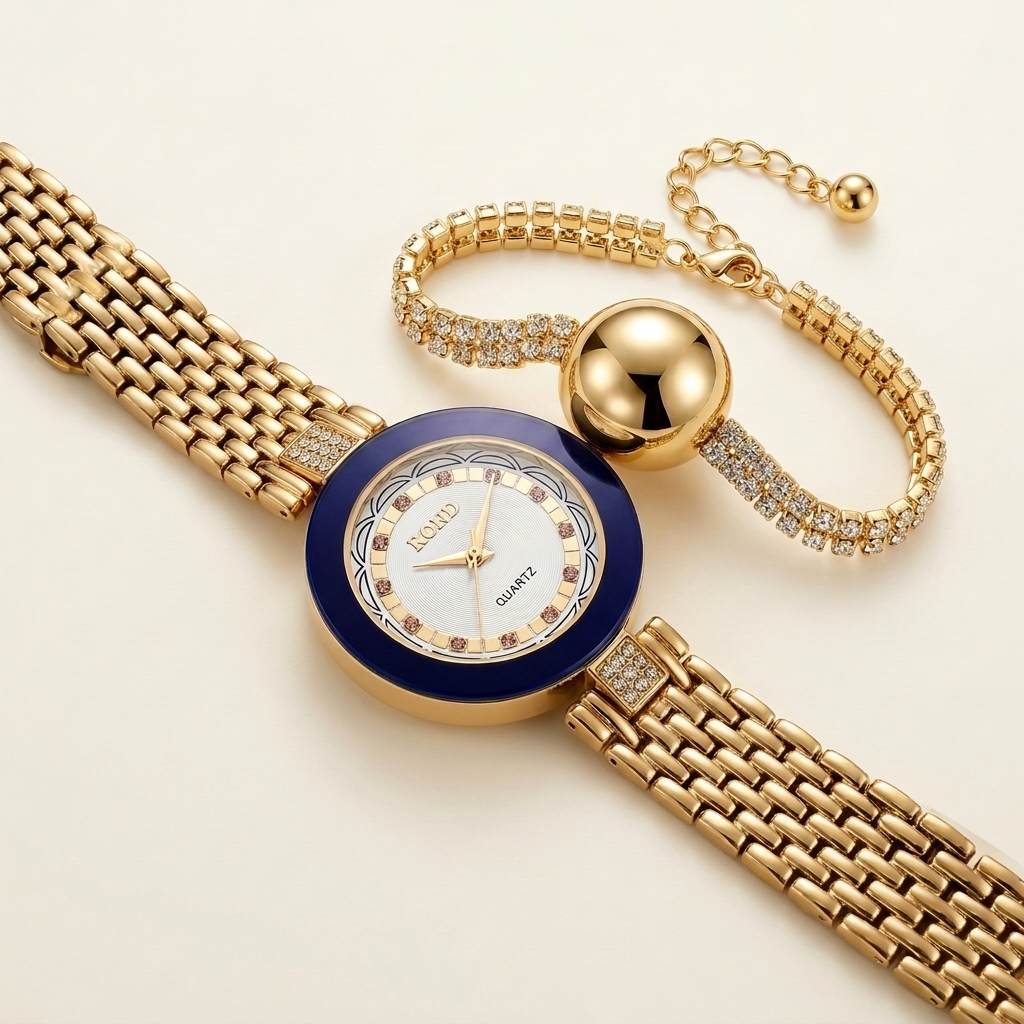 Gold & Black Watch & Bracelet Set