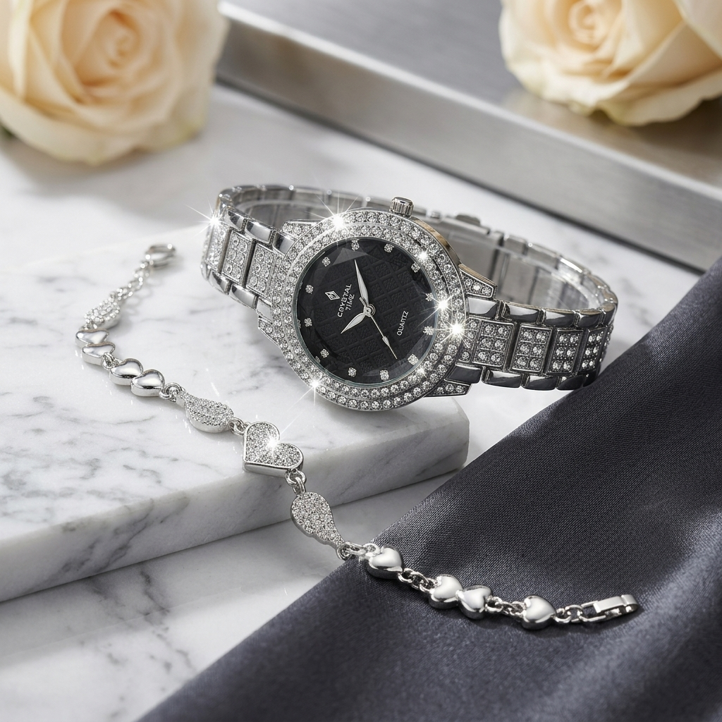 Silver Crystal Watch & Bracelet Set