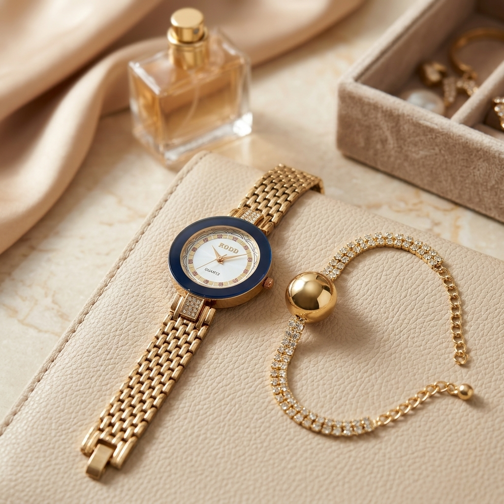 Gold & Black Watch & Bracelet Set