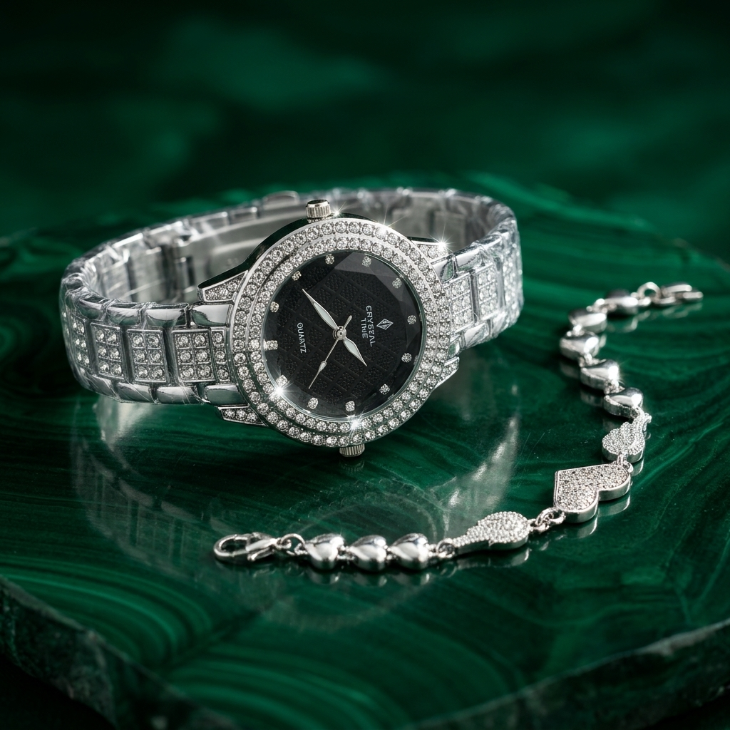 Silver Crystal Watch & Bracelet Set