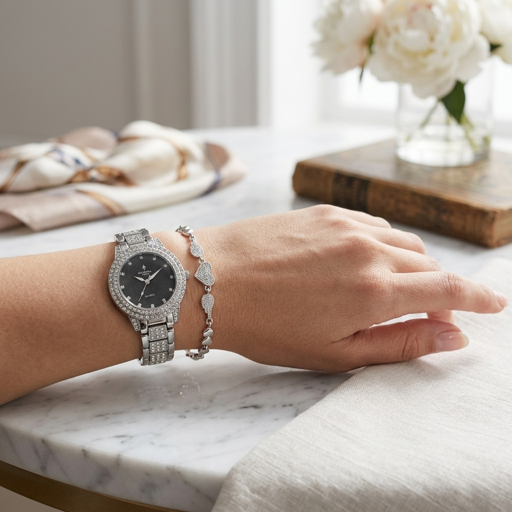 Silver Crystal Watch & Bracelet Set
