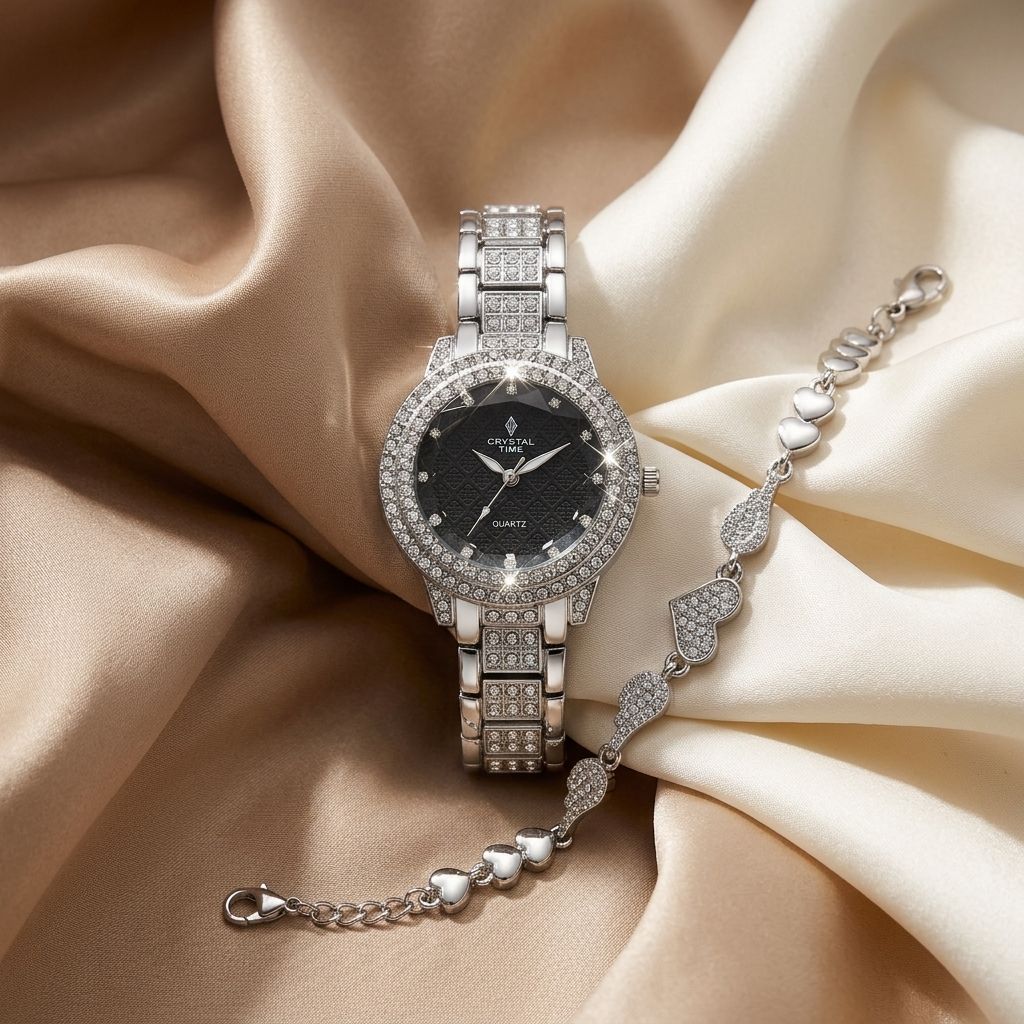 Silver Crystal Watch & Bracelet Set