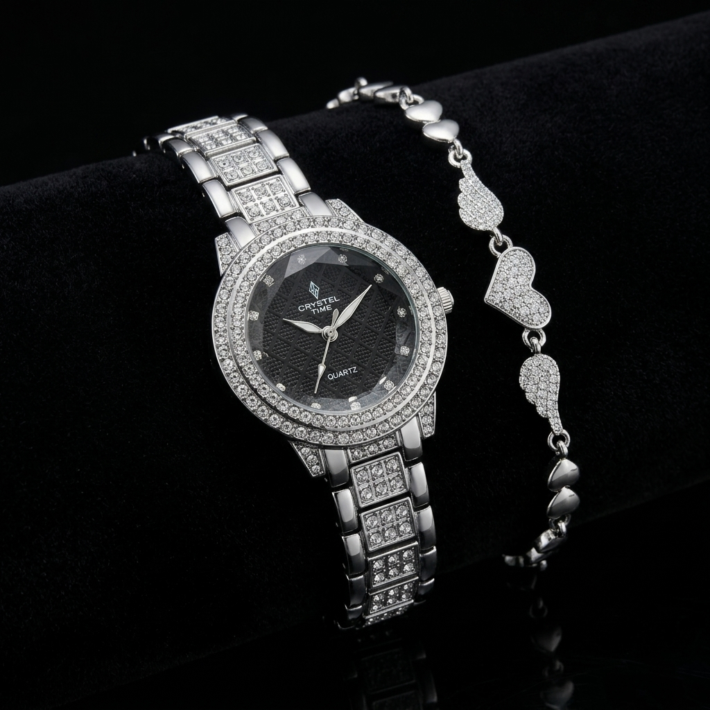 Silver Crystal Watch & Bracelet Set