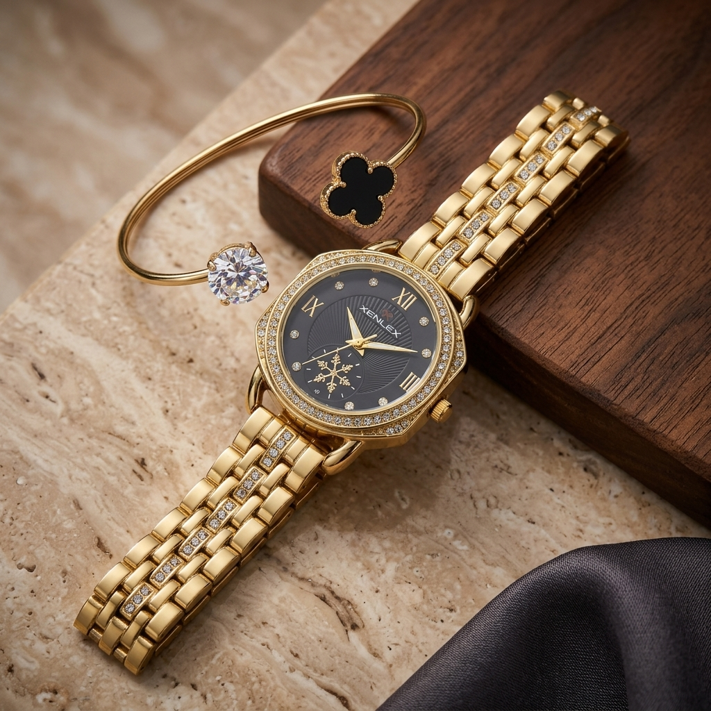 Black Crystal Watch & Bracelet Set