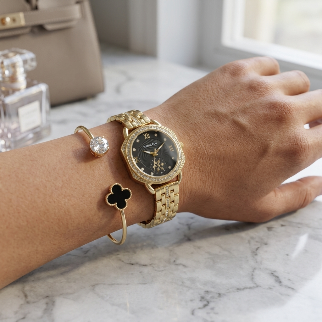 Black Crystal Watch & Bracelet Set