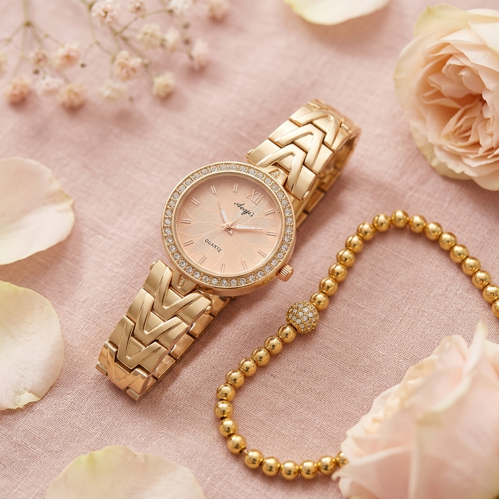 Rose Gold Watch & Ball Bracelet Set