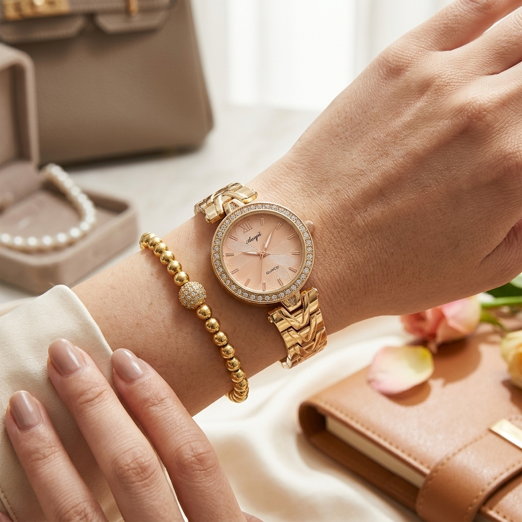 Rose Gold Watch & Ball Bracelet Set