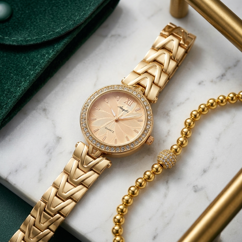 Rose Gold Watch & Ball Bracelet Set