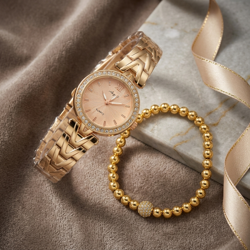 Rose Gold Watch & Ball Bracelet Set