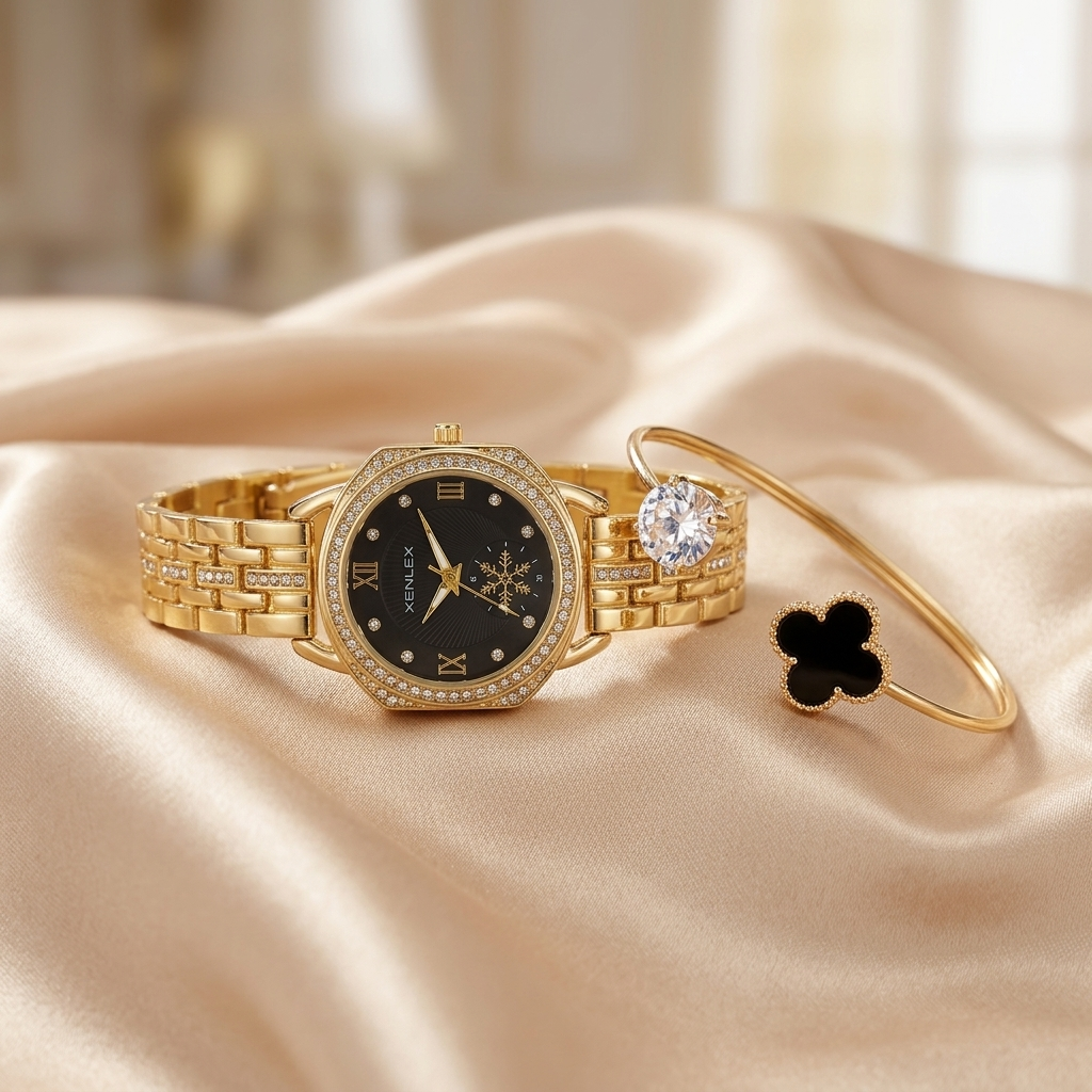 Black Crystal Watch & Bracelet Set