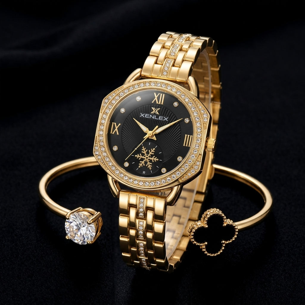 Black Crystal Watch & Bracelet Set
