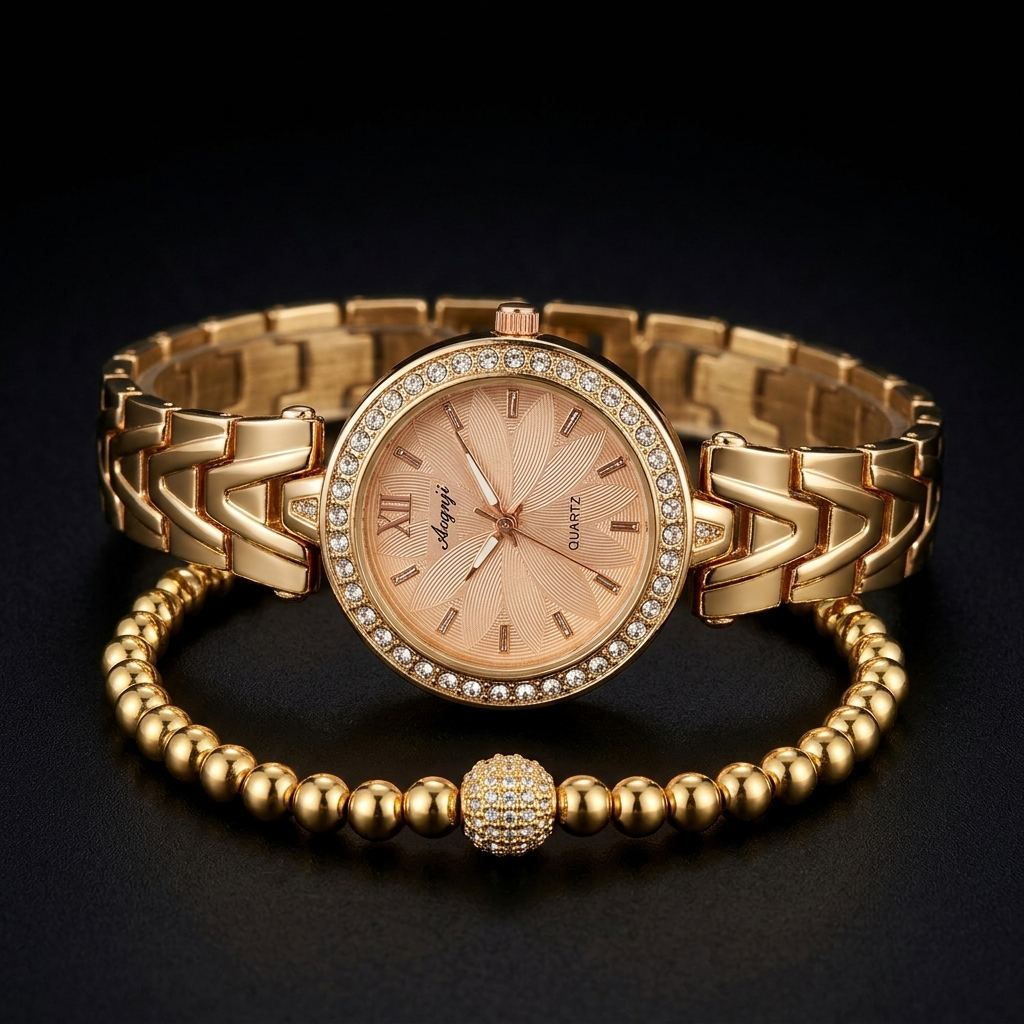 Rose Gold Watch & Ball Bracelet Set